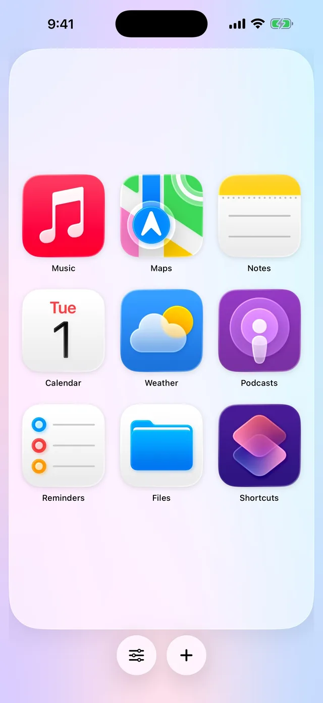 Drawer showing nine big app icons: Music, Maps, Notes, Calendar, Weather, Podcasts, Reminders, Files and Shortcuts.