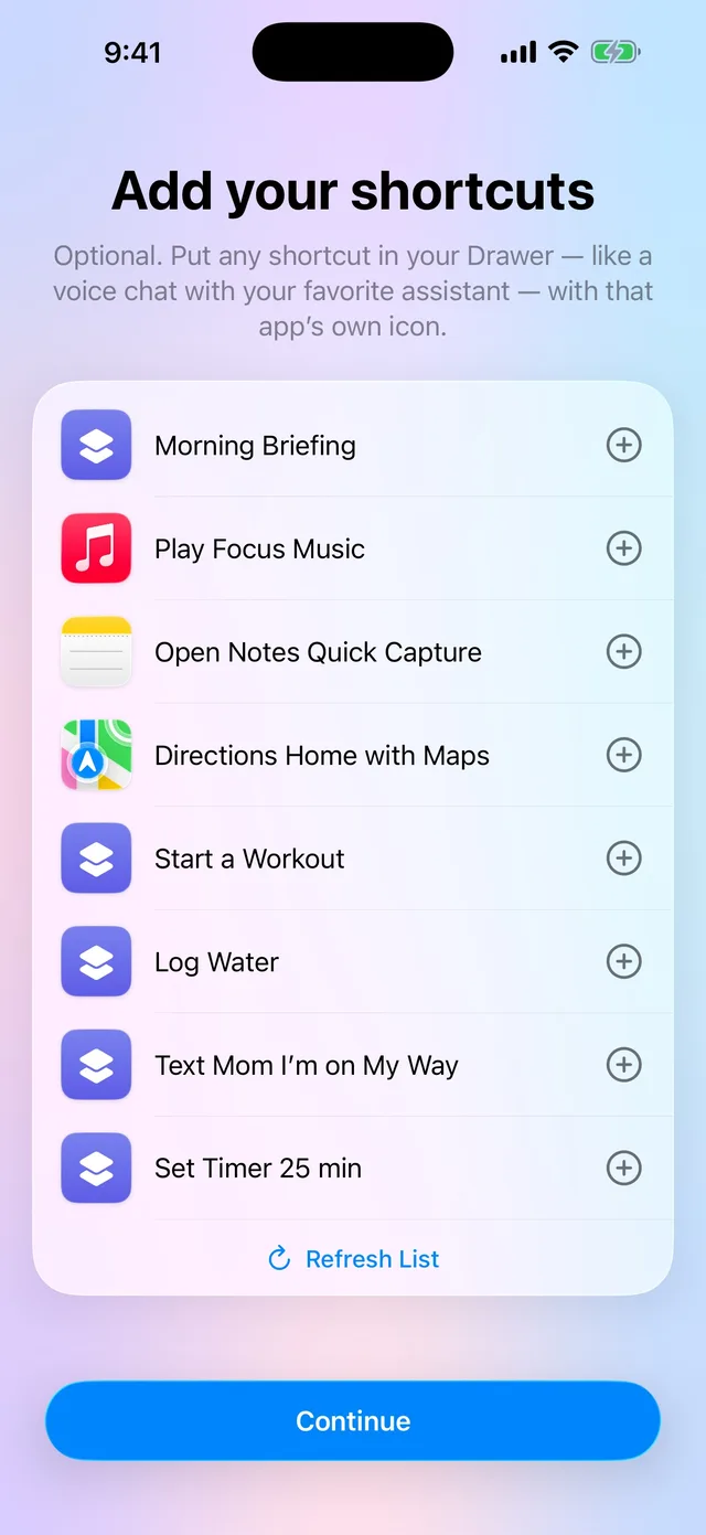 A list of shortcuts to add to Drawer, each with the icon of the app it opens.